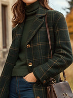 Wollen dames mantel - bruine jas met geruit patroon en knoopsluiting - Bakkermode.nl