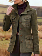 Vintage wollen blazer - groene jachtstijl jas met meerdere zakken en opstaande kraag - Bakkermode.nl