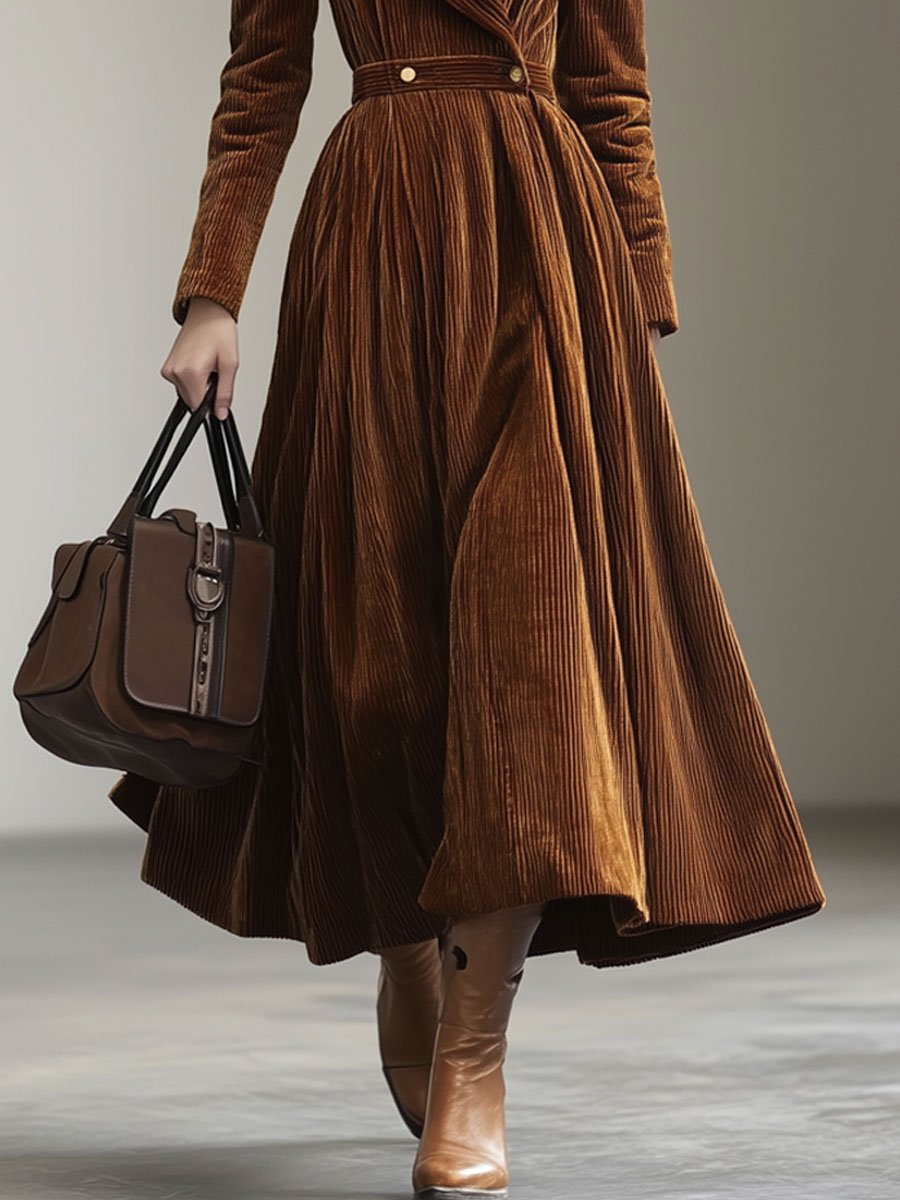 Maxi corduroy jurk - elegante karamel lange mouwen damesjurk