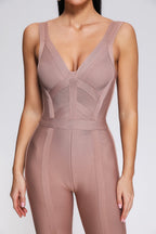 Flared spaghetti strap bandage jumpsuit in abrikoos - elegante damesmode