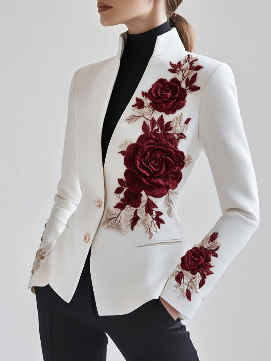 Chique witte blazer met rode rozenborduursels - elegante damesjas
