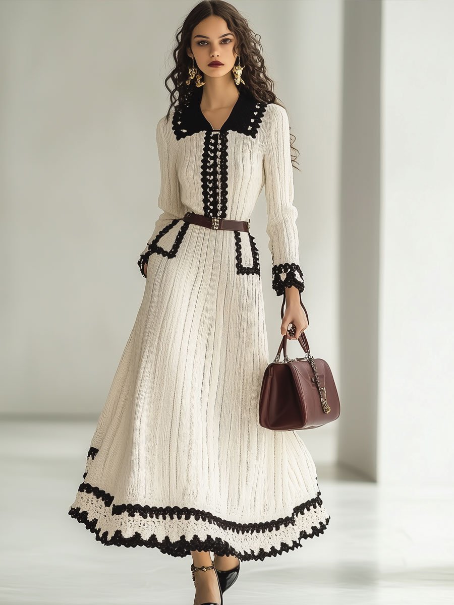 Gebreide midi-jurk - tijdloze damesmode met ceintuur
