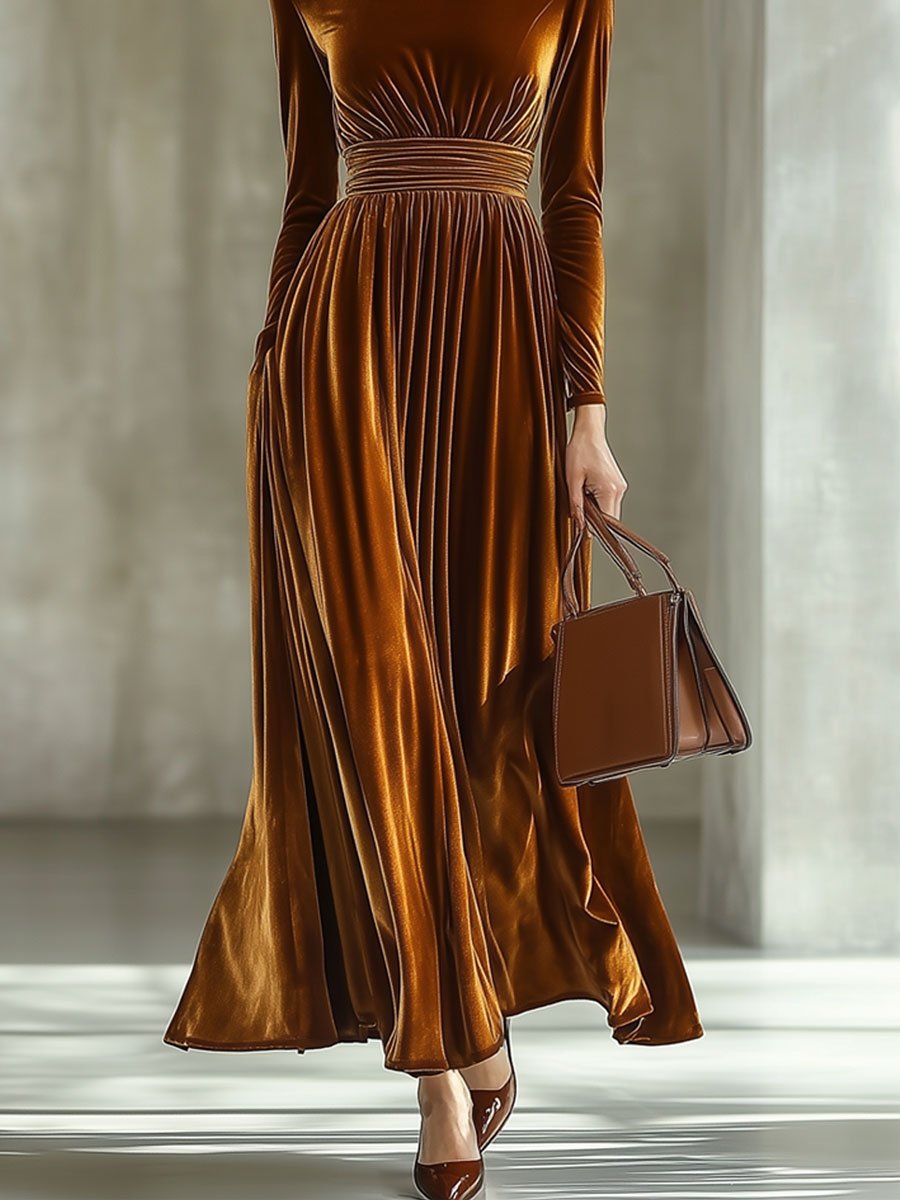 Maxi jurk - karamel lange mouwen dames velours jurk