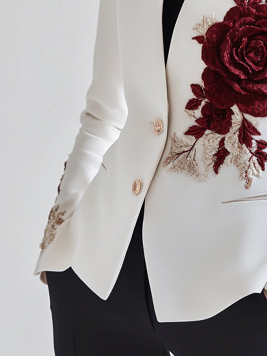 Chique witte blazer met rode rozenborduursels - elegante damesjas