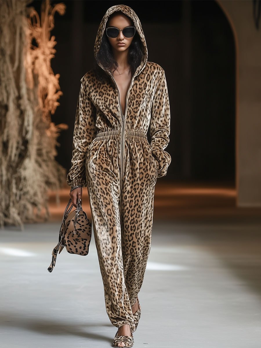 Luipaardprint velours trainingspak - luxe dames loungewear set