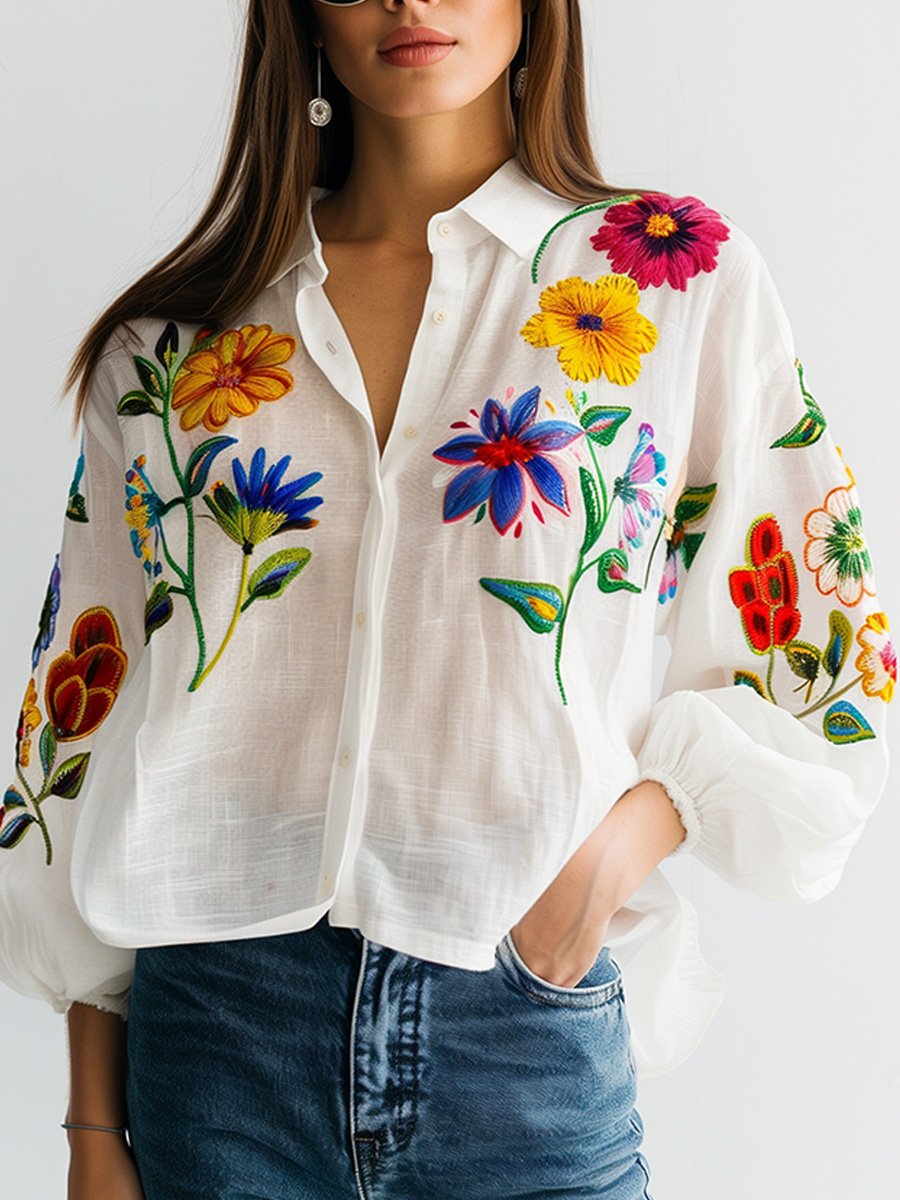 Damesbloes met bloemenborduursel - witte katoenen casual blouse met lange mouwen voor elke gelegenheid