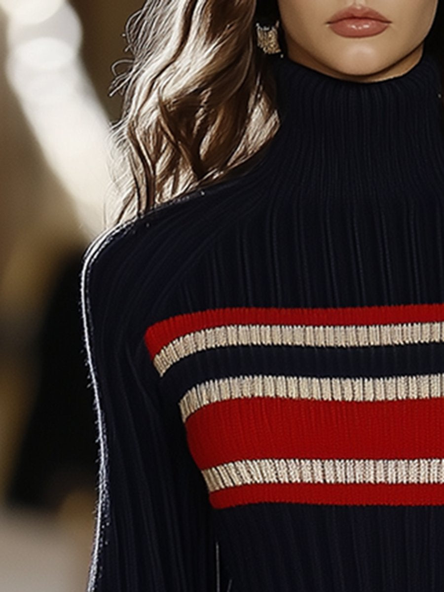 Geribbelde hoge kraag jurk - stijlvolle blauwe damesjurk met strepen