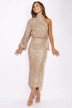 Midi-jurk met één mouw en pailletten - elegante avondmode voor dames