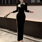 Lange zwarte damesjurk - elegante bloemenstijl avondgown