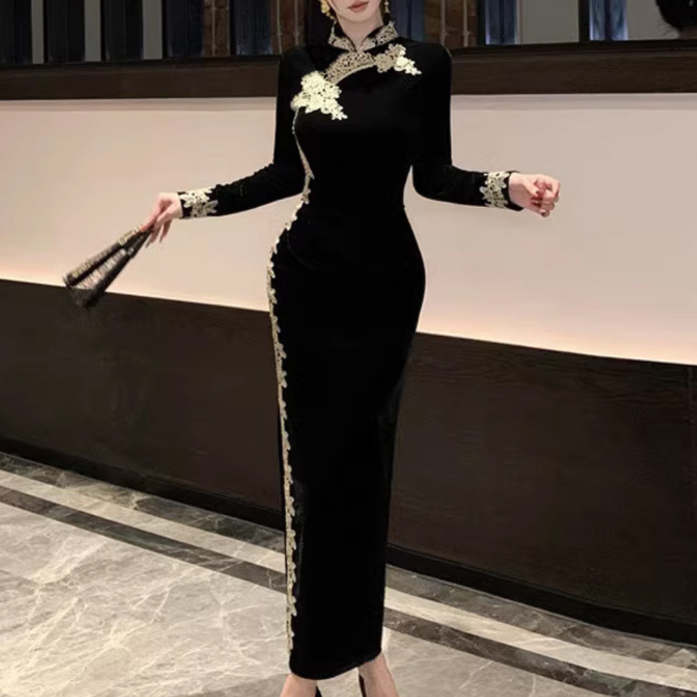 Lange zwarte damesjurk - elegante bloemenstijl avondgown