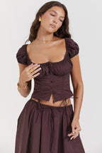 Diepbruine dames top en midi rok set - geraffineerde outfit