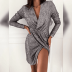 Dames lange mouw wikkel mini jurk - elegante glinsterende outfit voor avondevenementen