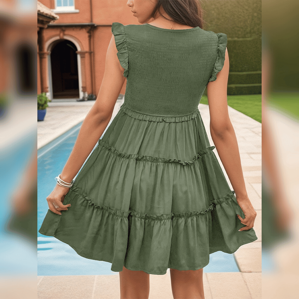 Dames casual jurk - relaxte groene tiered mini jurk voor zomerse uitjes
