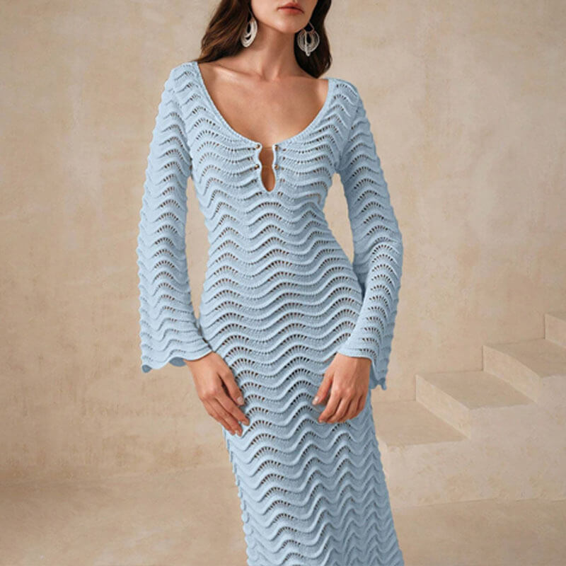 Vrouwen gebreide jurk met uitlopende mouwen - elegante haakwerk midi jurk voor dames