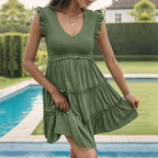 Dames casual jurk - relaxte groene tiered mini jurk voor zomerse uitjes