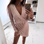 Dames lange mouw wikkel mini jurk - elegante glinsterende outfit voor avondevenementen