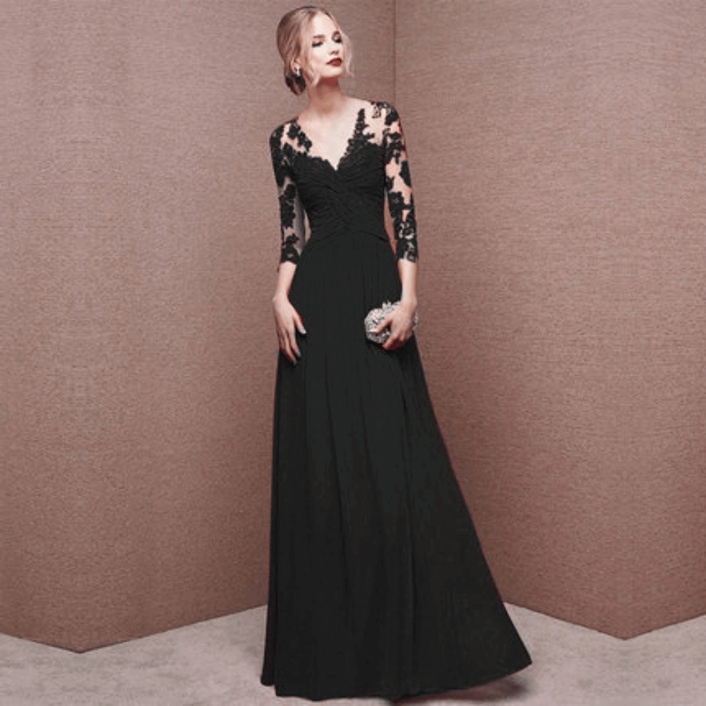 Vrouwelijke partyjurk: tijdloze kanten avondjurk - verfijnde lange mouwen voor formele gelegenheden