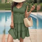 Dames casual jurk - relaxte groene tiered mini jurk voor zomerse uitjes