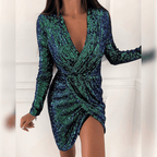 Dames lange mouw wikkel mini jurk - elegante glinsterende outfit voor avondevenementen