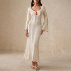 Vrouwen gebreide jurk met uitlopende mouwen - elegante haakwerk midi jurk voor dames