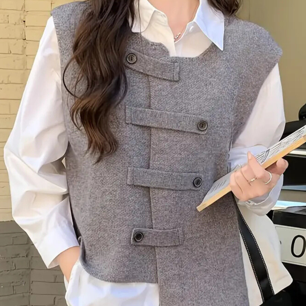 Gezellige dames waistcoat - stijlvolle grijze vest met unieke knopen
