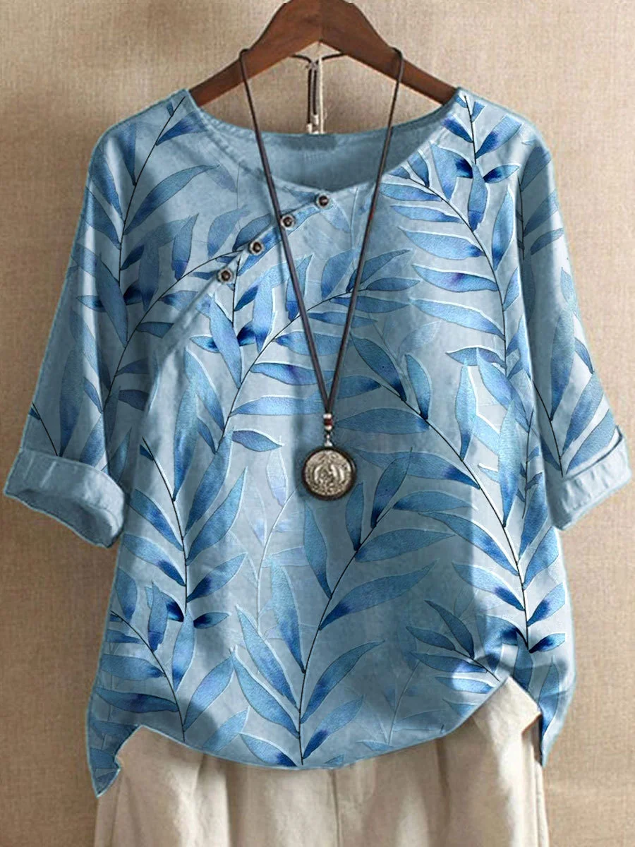 Chique linnen blouse voor dames - trendy zomerblouse met bladerenprint