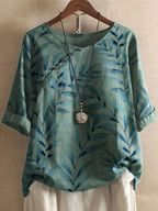 Chique linnen blouse voor dames - trendy zomerblouse met bladerenprint