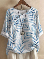 Chique linnen blouse voor dames - trendy zomerblouse met bladerenprint