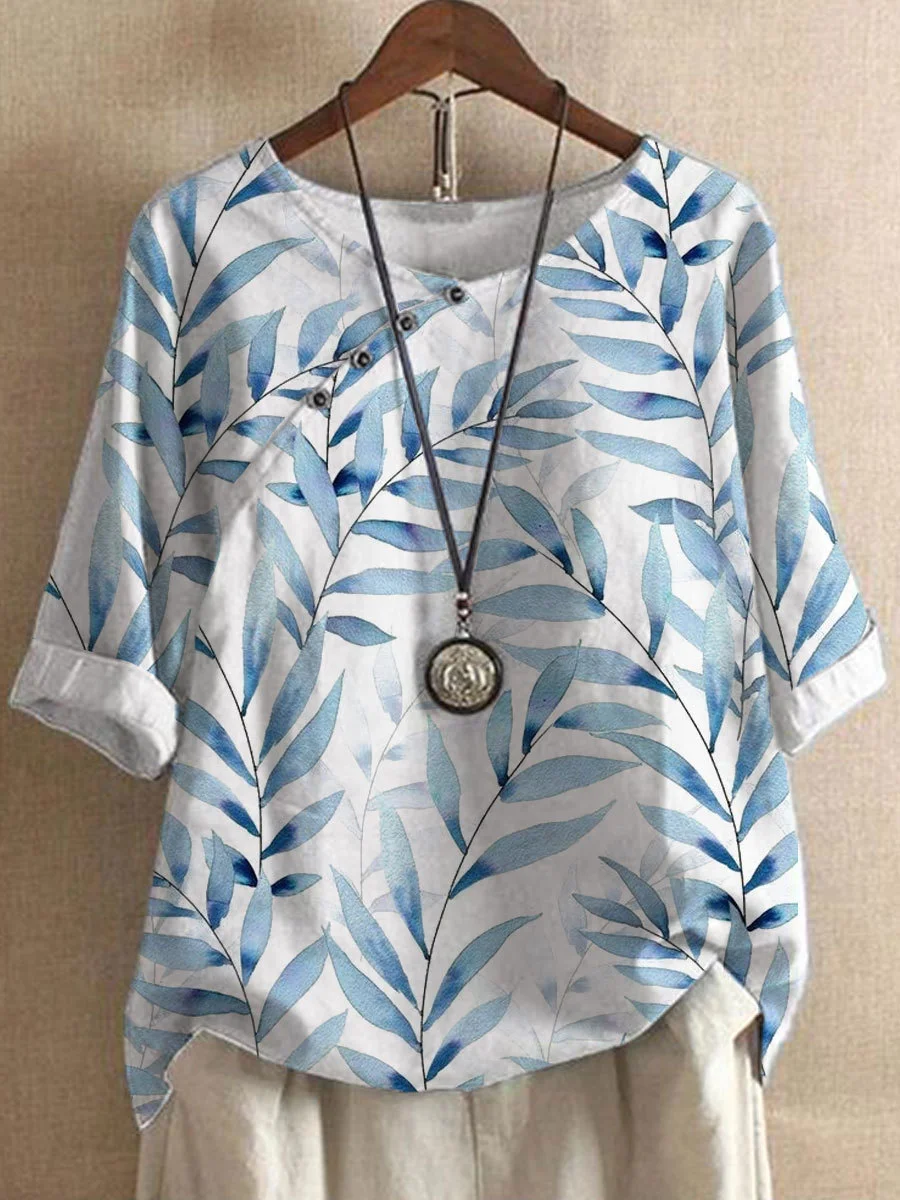 Chique linnen blouse voor dames - trendy zomerblouse met bladerenprint
