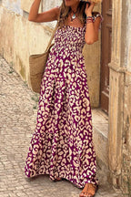 Paarse luipaardprint maxi jurk - elegante smockstijl voor dames