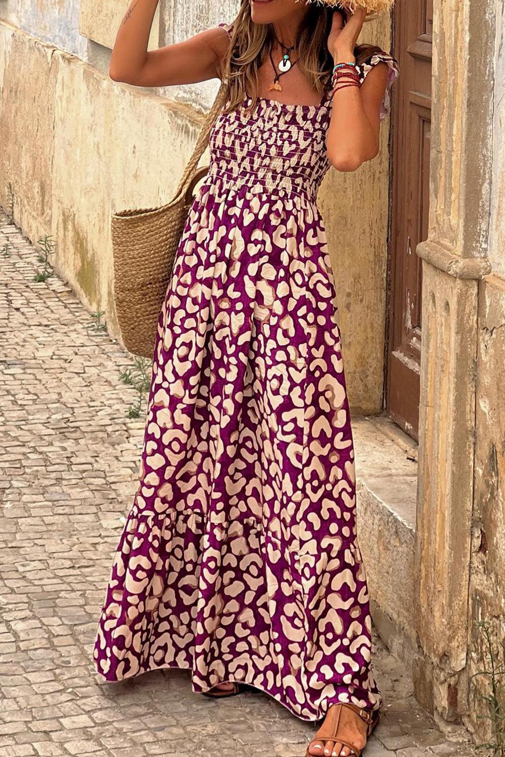 Paarse luipaardprint maxi jurk - elegante smockstijl voor dames