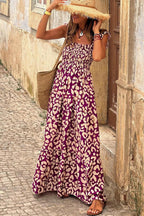 Paarse luipaardprint maxi jurk - elegante smockstijl voor dames