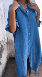 Dames luchtige linnen midi jurk met knopen - luchtige zomerjurk voor elke dag