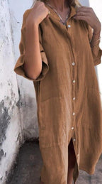 Dames luchtige linnen midi jurk met knopen - luchtige zomerjurk voor elke dag