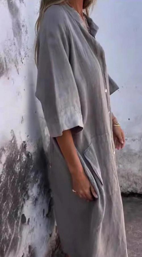 Dames luchtige linnen midi jurk met knopen - luchtige zomerjurk voor elke dag