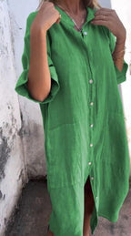 Dames luchtige linnen midi jurk met knopen - luchtige zomerjurk voor elke dag