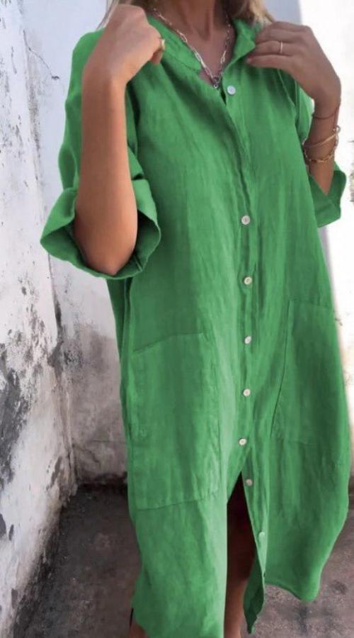 Dames luchtige linnen midi jurk met knopen - luchtige zomerjurk voor elke dag