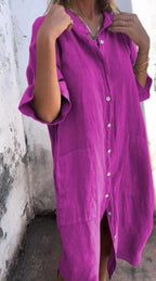 Dames luchtige linnen midi jurk met knopen - luchtige zomerjurk voor elke dag