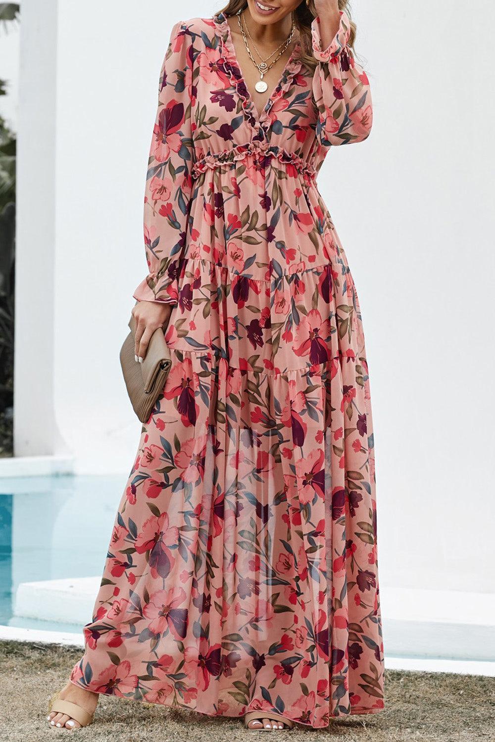Maxi bloemenjurk - elegante roze zomerrok voor dames