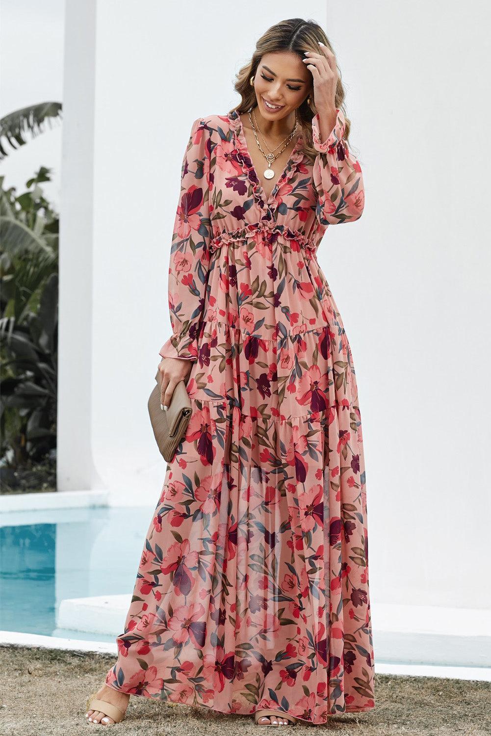 Maxi bloemenjurk - elegante roze zomerrok voor dames