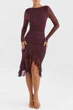 Plum lange mouw ruffle midi jurk - elegante en verfijnde kleding