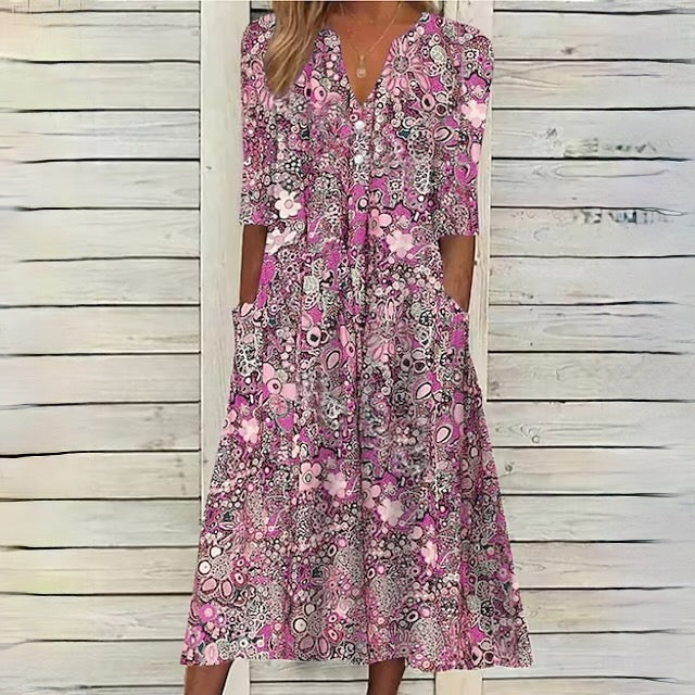 Bloemen midi-jurk - stijlvolle zomerjurk met zakken