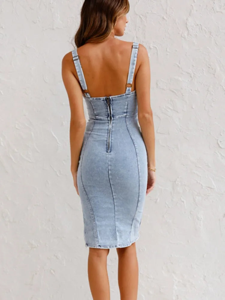 Denim midi jurk - stijlvolle dames jurk met verstelbare bandjes