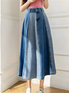 Denim a-lijn rok - trendy kleurblok dames lange rok