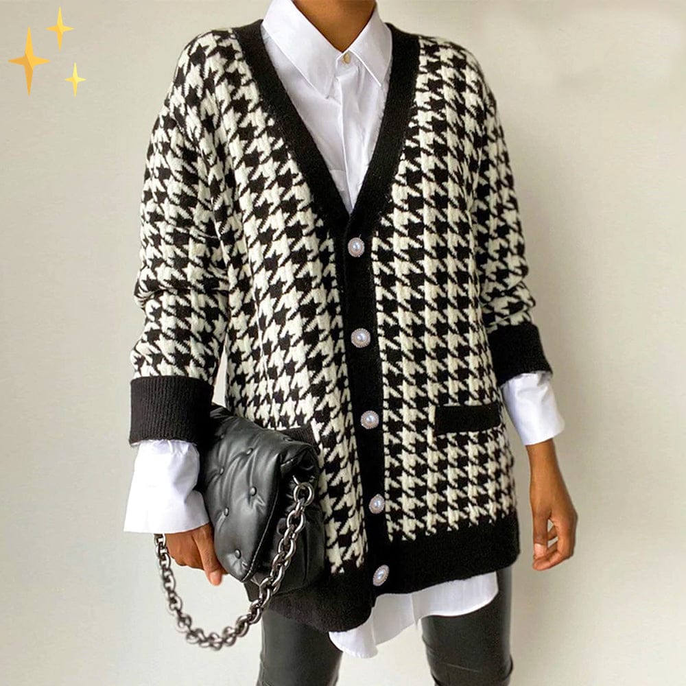 Houndstooth cardigan - stijlvolle zwarte en witte damestrui