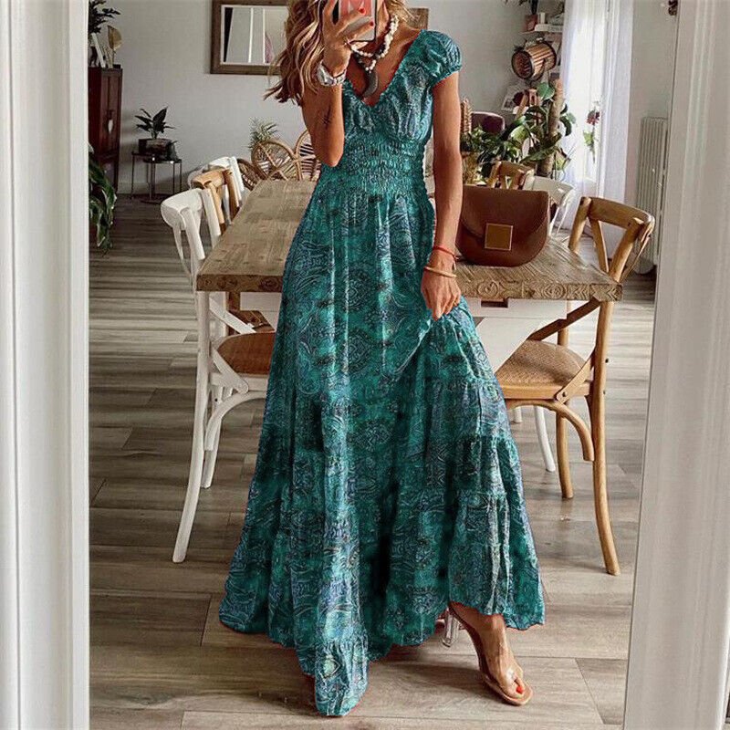 Dames maxi jurk met bloemenprint en smocked lijfje - elegante boho stijl voor vrouwen