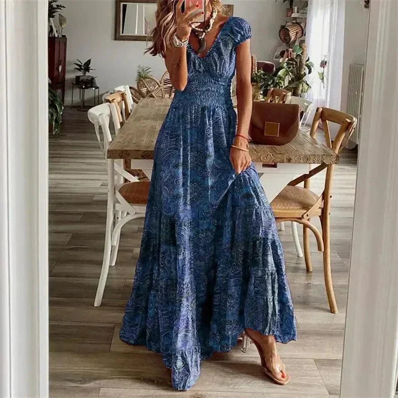 Dames maxi jurk met bloemenprint en smocked lijfje - elegante boho stijl voor vrouwen