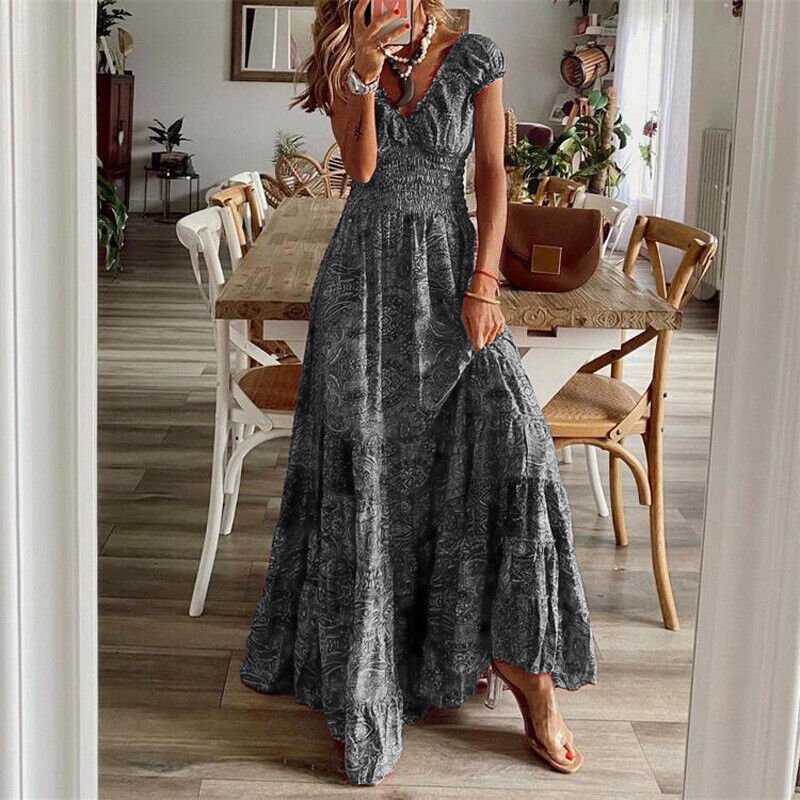 Dames maxi jurk met bloemenprint en smocked lijfje - elegante boho stijl voor vrouwen