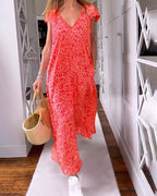 Dames v-hals midi jurk - roze luipaardprint met relaxte pasvorm