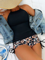 2-delige dames zwemoutfit zwart met bloemen - trendy pool- en strandoutfit